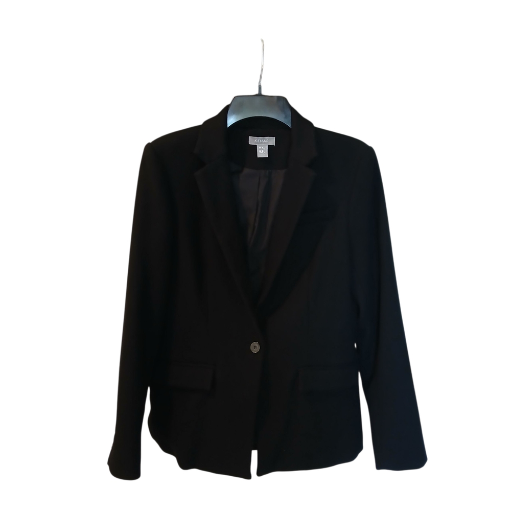 Kenar Black Women's Career Blazer ‎ Medium Waffle Knit Pockets One Button Lined